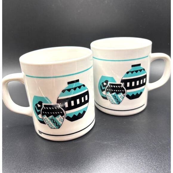 Vintage Set of 2 Ceramic Mugs Southwestern Teal/Black Pottery Design 1990s - Picture 1 of 10